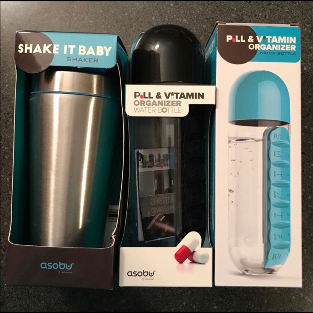 Asobu Shaker & 2 Pill and Water Bottle Combos NWT!